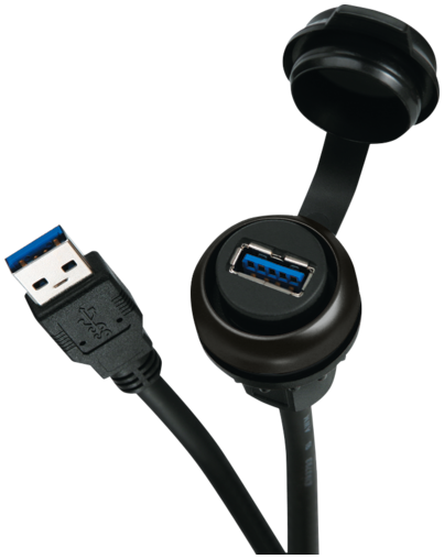 Passe-cloison USB 3.0 forme A - Bague noire - Sans logo sur l'obturateur 