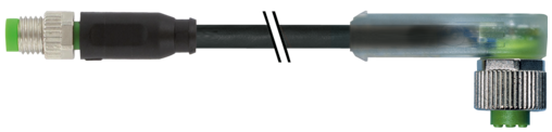 Rallonge M12-M8, M12 femelle coudé, avec LED, M8 mâle droit, 3 pôles 